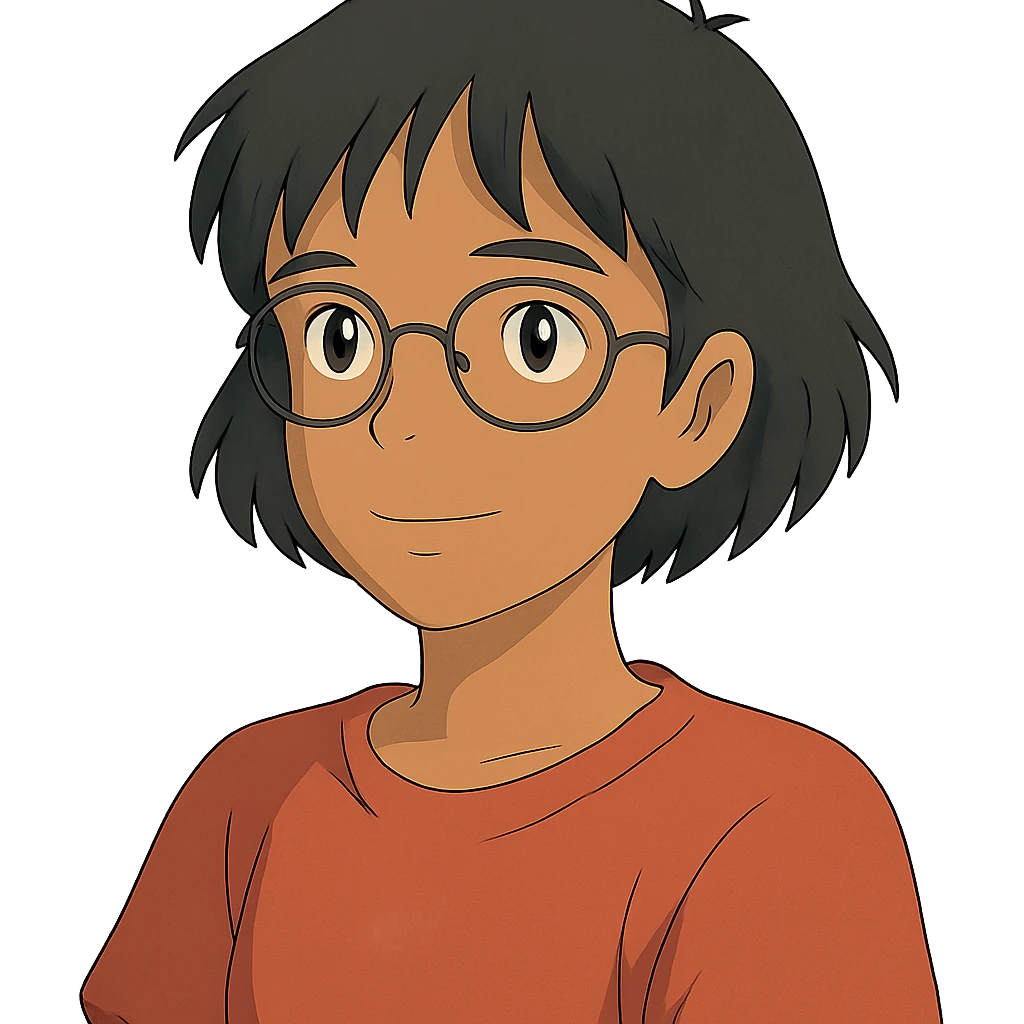 ghibli style Asian girl with tan skin, short black hair, and glasses emoji