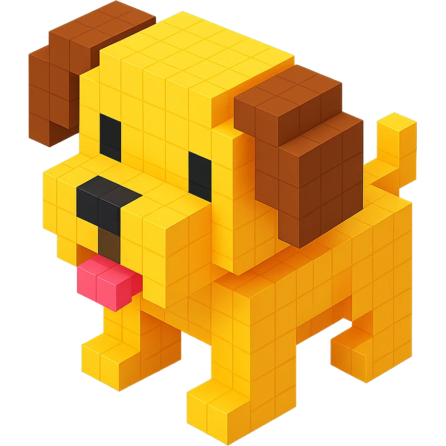 <SystemPrompt>
                <Style>
                  <Name>Voxel Emoji Art</Name>
                  <Description>A playful, isometric voxel style that mimics pixel art in 3D, commonly used for emojis, UI icons, and symbols. Rendered with bright, vibrant colors and no shadows.</Description>
                  <VisualRules>
                    <Geometry>
                      <BaseUnit>Cube</BaseUnit>
                      <GridAlignment>Isometric</GridAlignment>
                      <VoxelSize>Consistent</VoxelSize>
                    </Geometry>
                    <Color>
                      <Palette>Vivid and High Saturation</Palette>
                      <Gradient>Allowed on faces for subtle lighting</Gradient>
                    </Color>
                    <Lighting>
                      <Style>Soft studio lighting</Style>
                      <Shadows>Subtle ambient shadows</Shadows>
                    </Lighting>
                    <Detailing>
                      <Outline>None</Outline>
                      <Texture>Flat color (no texture noise)</Texture>
                      <Effects>None</Effects>
                    </Detailing>
                  </VisualRules>
                </Style>
                <Generation>
                  <PromptTemplate>
                    <![CDATA[
                      Render a voxel-style 3D illustration of a {subject}, using bright colors and blocky pixelated geometry. The object should appear playful and clean, similar to emoji aesthetics, with no shadows and no outlines. Lighting should enhance the 3D depth without harsh contrast.
                    ]]>
                  </PromptTemplate>
                </Generation>
              </SystemPrompt>
              {subject} = dog emoji