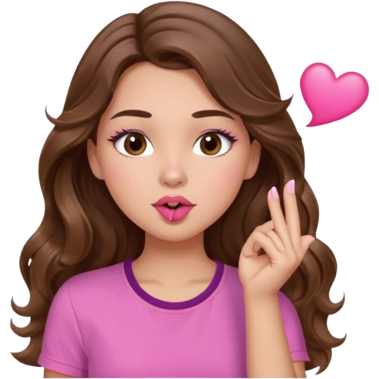 girl with long wavy brown hair, brown eyes, light to medium complexion, in a pink shirt, pink lips, long lashes, blowing a kiss emoji