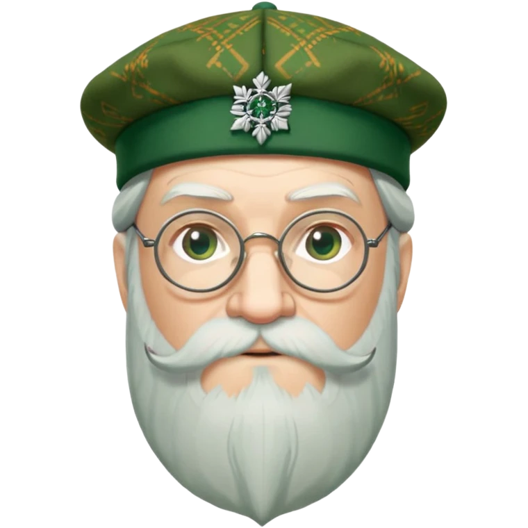 Dumbledore wear green scotland Tam o'shanter cap with decorative patterns, wear glasses, very long beard emoji