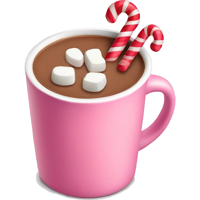 Hot cocoa in a pink mug with marshmallows and candy canes  emoji