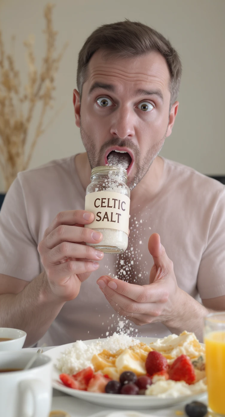 A MEDICAL ILLUSTRATION OF A REALISTIC human body holding a jar with "CELTIC SALT" written on the label, he throws it in his mouth DURING BREAKFAST emoji