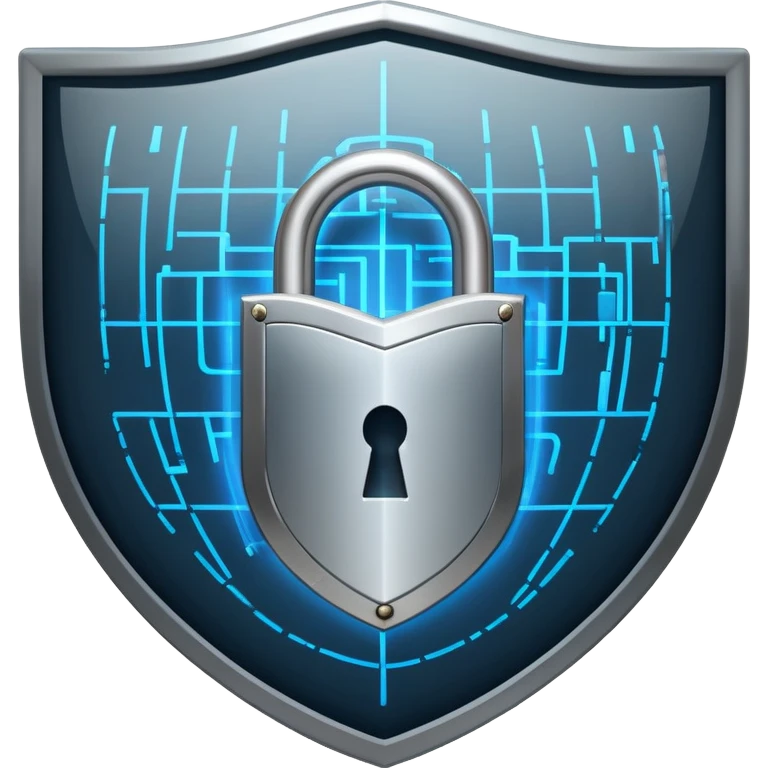An icon featuring a shield with a padlock, a digital network grid, and binary code, symbolizing cybersecurity. The design includes a hacker’s silhouette, a firewall, and encrypted data flow, representing protection against cyber threats. Transparent background highlights digital security. emoji