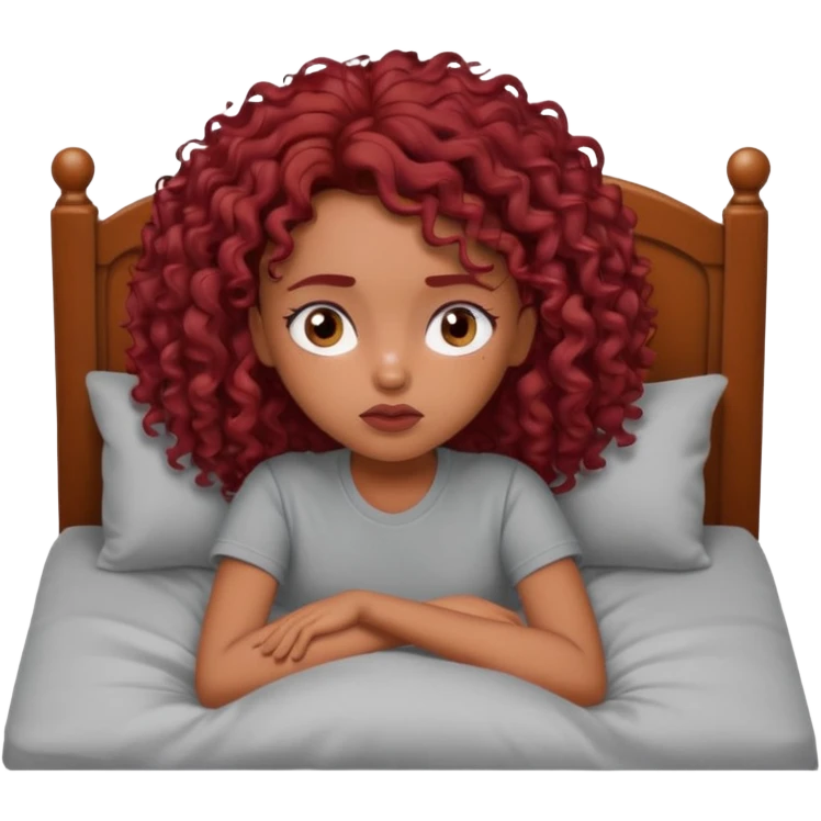 generate a pretty bratz brown skinned girl curly dark red hair, tired in bed in a grey tshirt bored. emoji