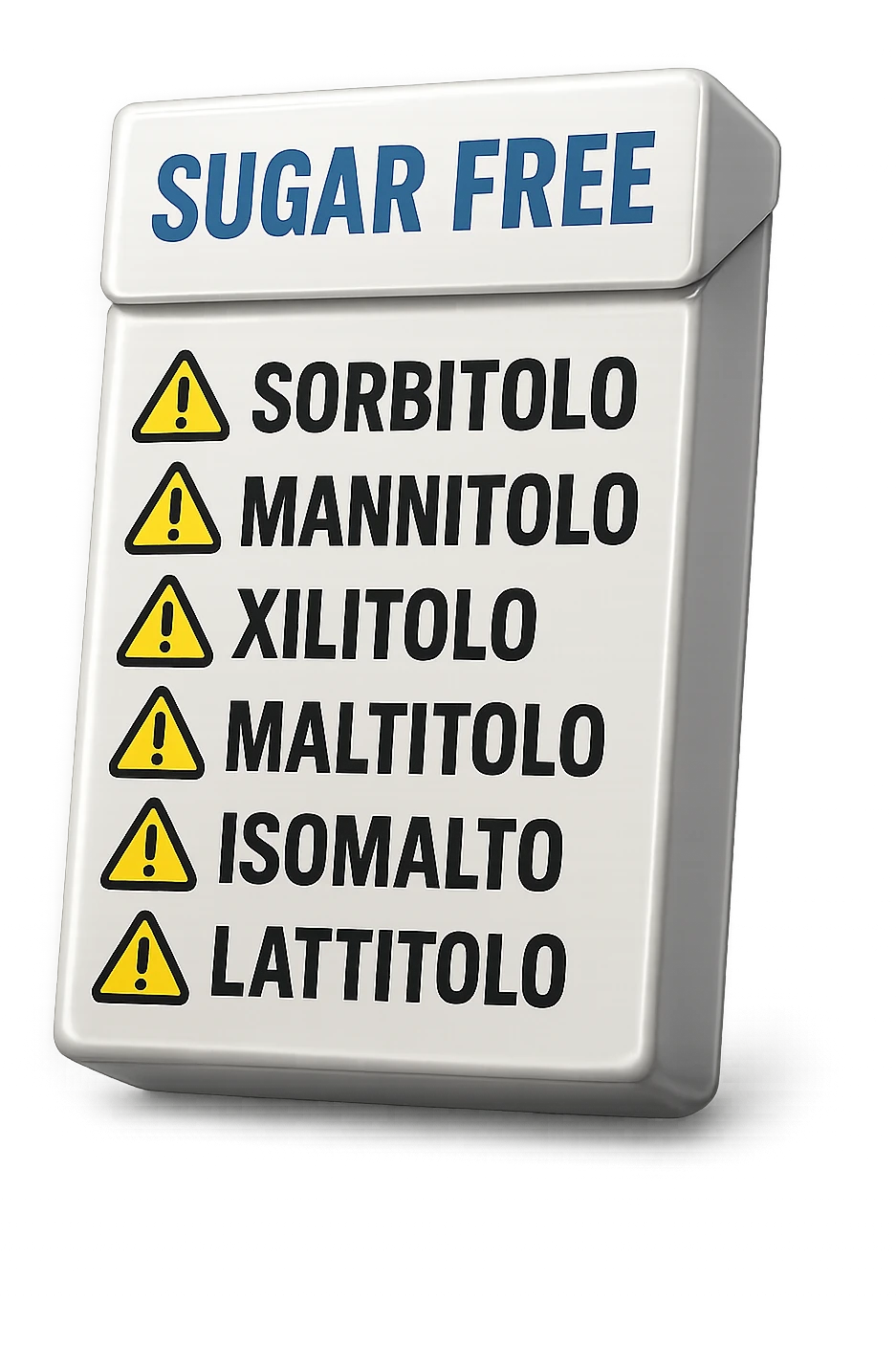 SU QUESTO STILE FAI UN EMOJI STILE IPHONE 3D DI UN pacchetto di gomme senza zucchero con ETICHETTA CON GLI INGREDIENTI SCRITTI, "sorbitolo, mannitolo, xilitolo, maltitolo, isomalto, lattitolo" accanto ad ogni nome scritto mettici un segnale di allarme, FALLO MOLTO REALISTICO IN 3D emoji