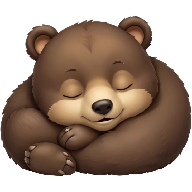 Meme-Worthy Cute Sleeping bear cub Portrait Emoji, Head resting peacefully with a contented smile, showcasing a massive, robust build and a luxuriously soft dark brown fur, eyes shut in a serene, restful nap, Simplified yet hilariously adorable features, highly detailed, glowing with a soft, drowsy light, high shine, relaxed and utterly lovable, stylized with an air of playful laziness, bright and heartwarming, soft glowing outline, capturing the essence of a comically sleepy bear cub, so meme-worthy it feels like it could instantly become the next viral sensation of adorable slumber! emoji