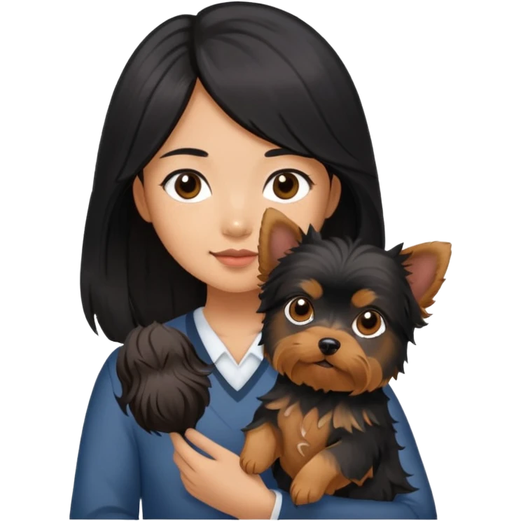 A couple holding holding a small Yorkshire Terrier together. The girl is an Asian girl with long, luscious wavy black hair (loose, no hair tie). She is standing beside a brown-skinned man with a short middle part haircut.  emoji