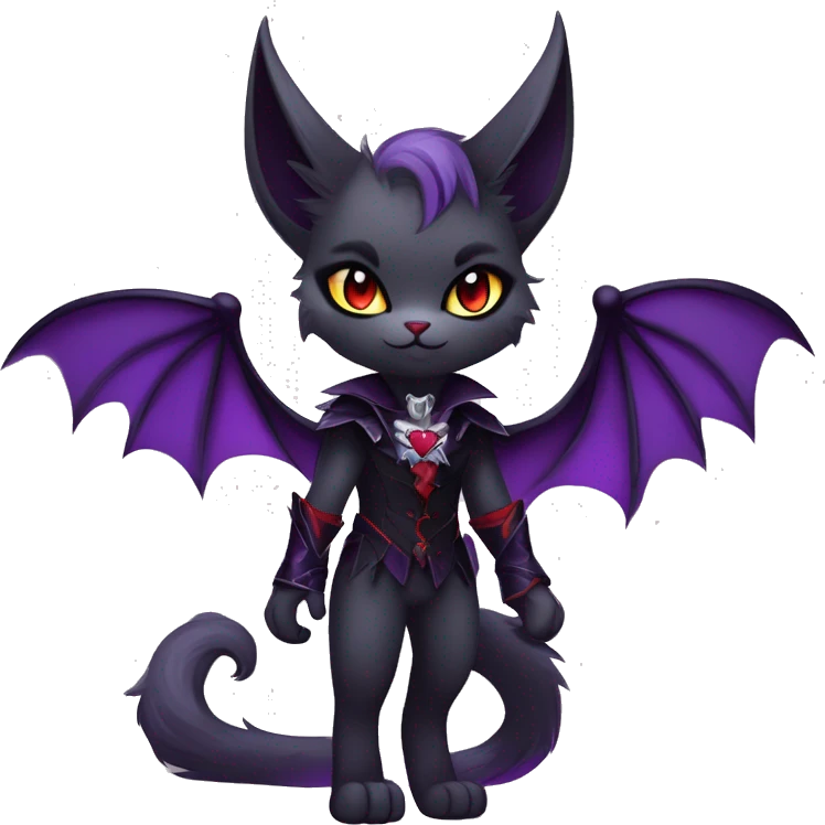 Anthro-Cute-Edgy-Cool-Vampiric-Batty-Cat-Black-Purple-Red-Grey-White-Yellow-Contrast-Colors-Fantasy-Fur-Sona-Chibi-Shiny-Fakémon-Hybrid with horns and fangs and collar full body emoji