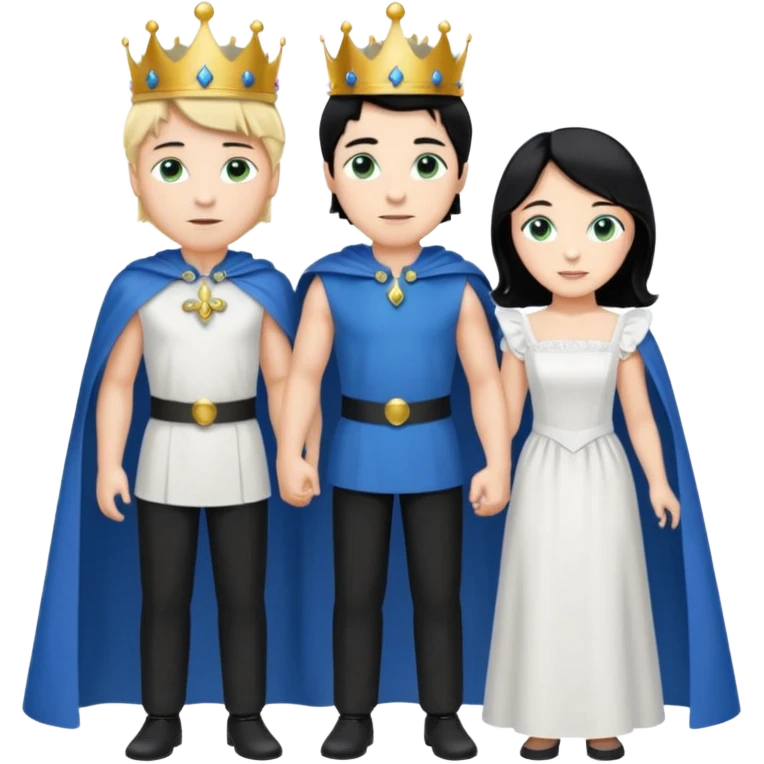 Prince with crown, blue cape and trousers, body and legs, black hair, blue eyes and maid, blonde hair, green eyes, sexy white short sleveless dress,  emoji