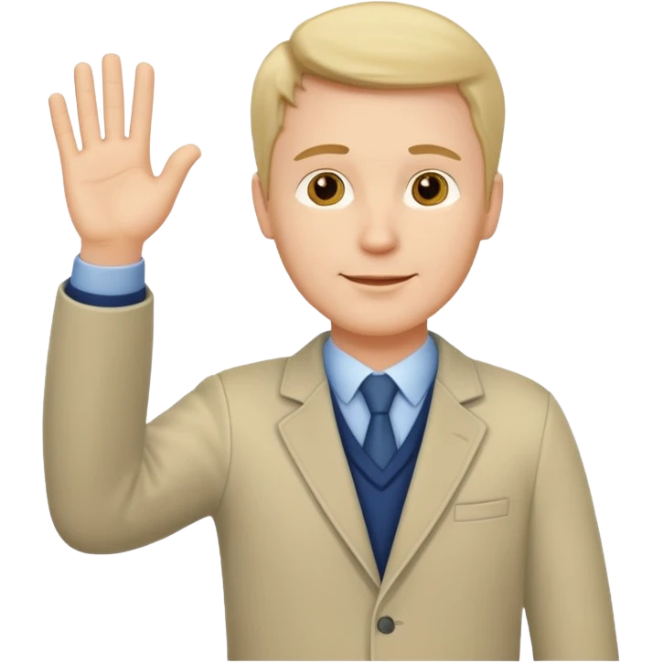 A white man in ordinary clothes stands and waves his hand in greeting. emoji