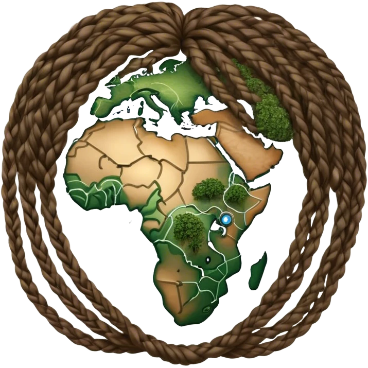 earth globe made of afro braids, wavy hair, and other hairstyles, continents filled with multi-skin-tone colors, olive branches and electronic circuit patterns surrounding emoji