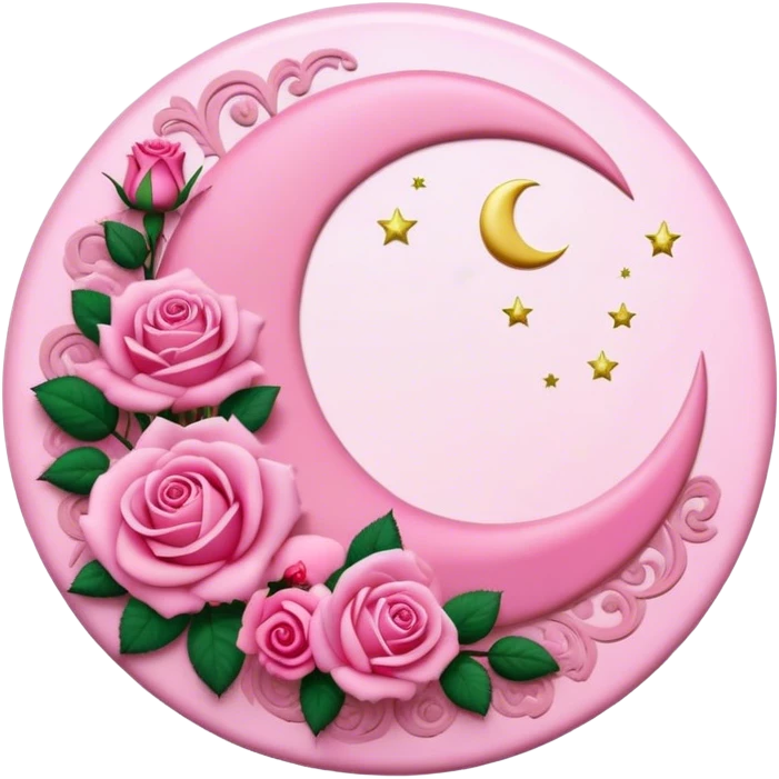 A round pink button with a crescent damask moon and pink roses in the center emoji