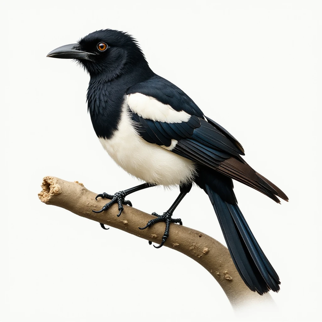 Eurasian magpie, realistic style, detailed feathers, perched on a branch emoji