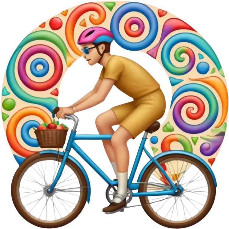 apple emoji style person on bicycle with subtle psychedelic swirls in wheels inspired by Hofmann blotter art bold and iconic emoji