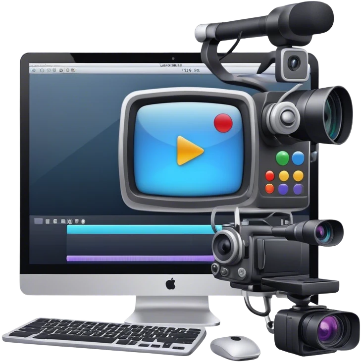 Create an emoji for video editing. Show a computer screen with a video timeline, clips, and editing tools (e.g., scissors). Add a video camera. Use modern, professional colors. Do not include any emojis or smiley faces. Make the background transparent emoji