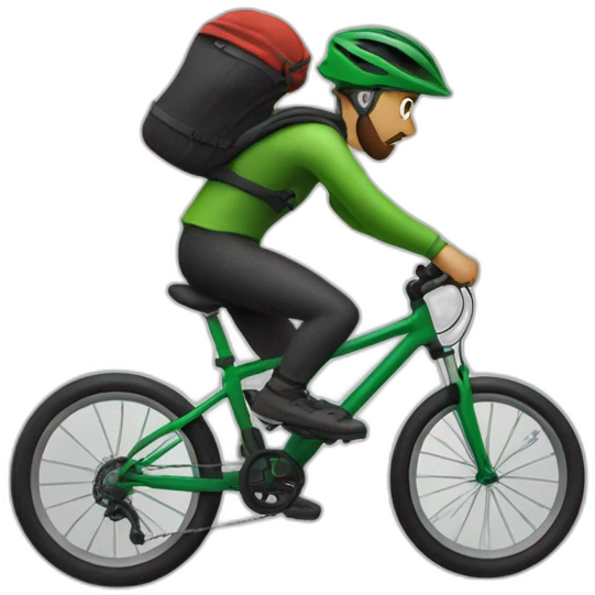 mountain biker, without a backpack, with a green bicycle, with a scarf, hat and dark clothing, traveling at high speed emoji
