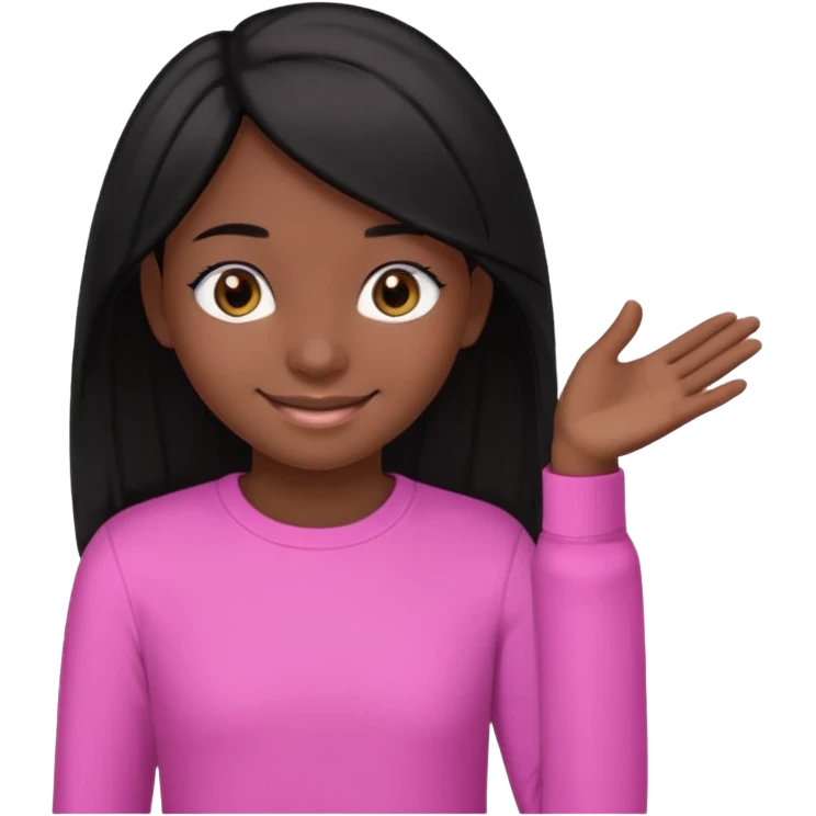 A portrait of a 14-year-old girl, he's got black hair, darkish skin and brown eyes. she's wearing a pink longsleeve. She's smiling a bit emoji