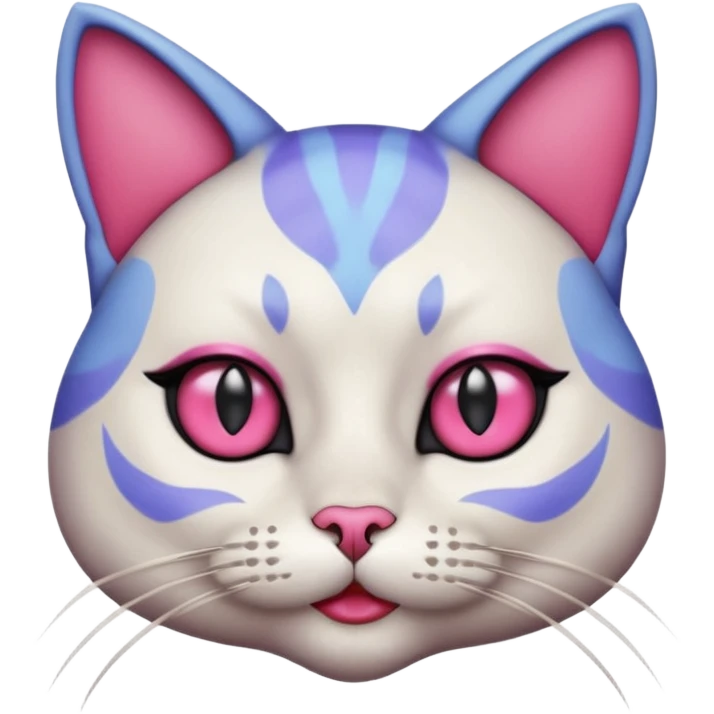 cat with exaggerated makeup portrait, head and shoulders only, heavy colorful eyeshadow, bold lipstick, dramatic blush, funny glamorous expression, cute 3D cartoon, mobile game icon style, clean background, no text, no watermark emoji