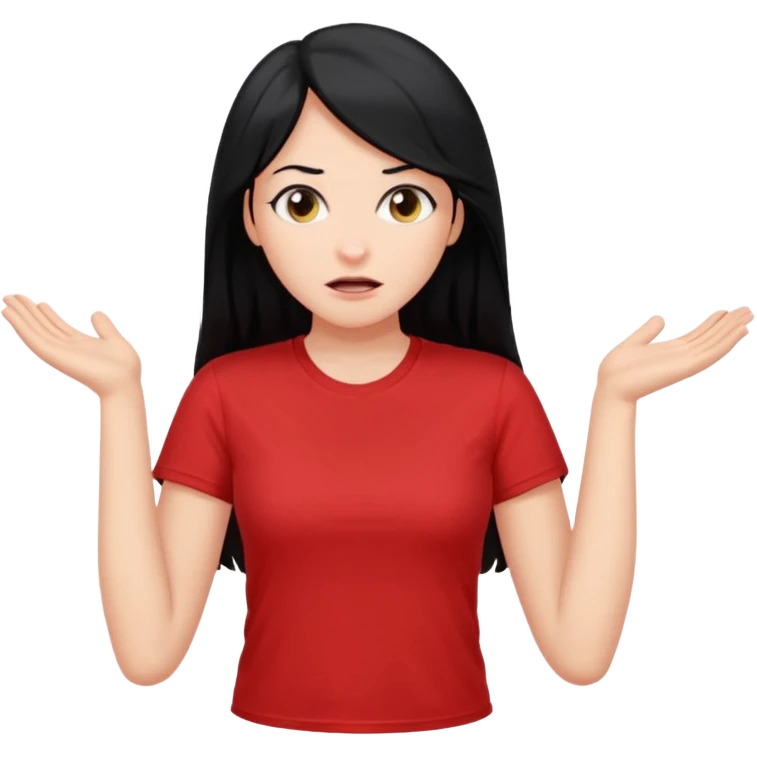 빨간색 티셔츠를 입고 긴 검정머리를 가진 여성이 모르겠다는 듯이 어깨를 올리고 고개를 갸우뚱한 제스처를 하고있음 🤷🏻‍♀️ emoji