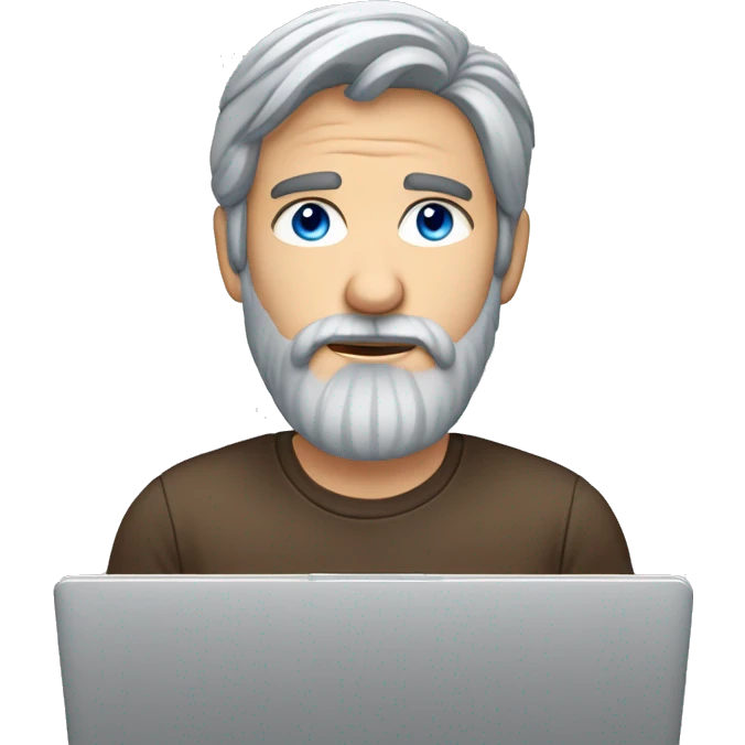 blue eyes. brown hair. long grey beard. behind laptop. male.  emoji