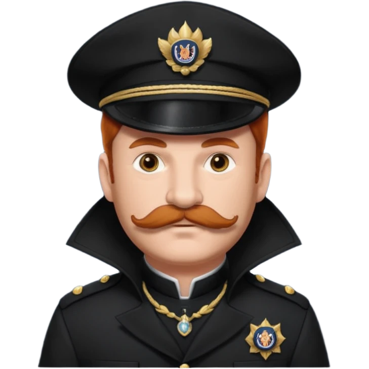 An auburn-hair'ed admiral with a flawless bear and mustache wearing a black admiral outfit and hat with Wolf Ears coming out of the hat, and 9 wolf tails behind him, with the admiral black shirt featuring on the left breast pocket the insignia of Helldivers 2. emoji