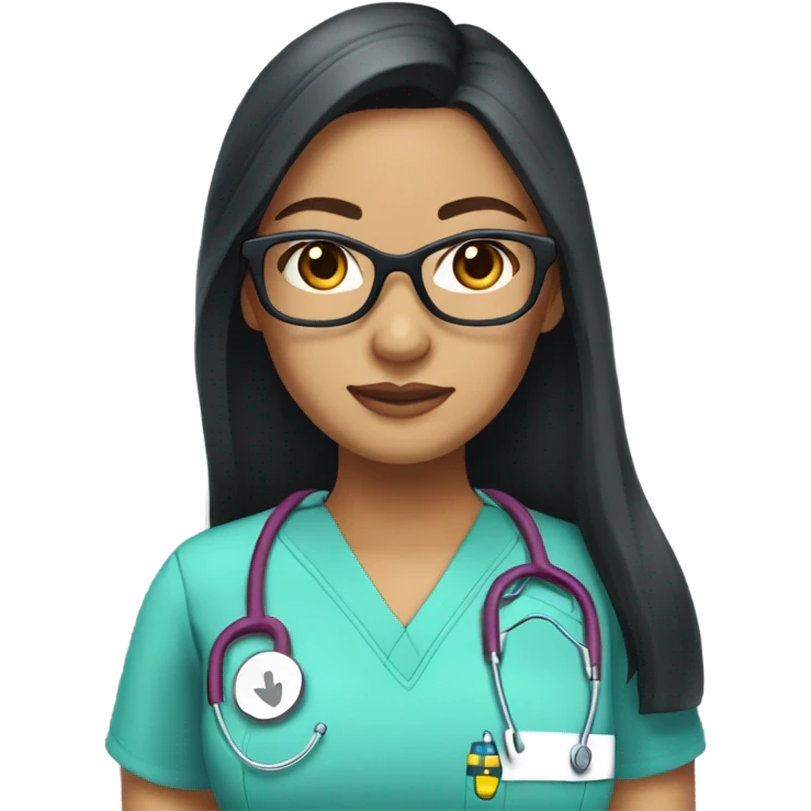 filipina nurse with long straight black hair and tan skin and clear glasses in scrubs emoji