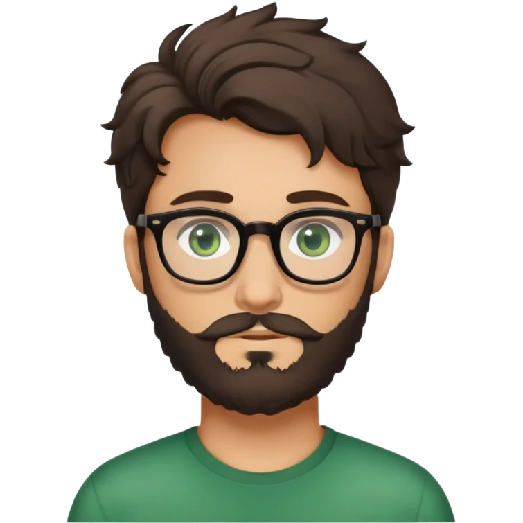young man with dark slightly curled hair wearing glasses with green eyes and fuller beard emoji