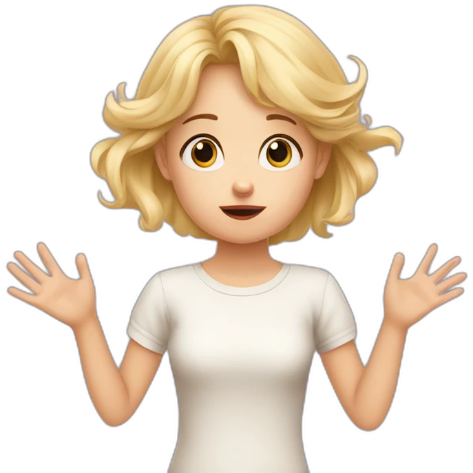 It was not me, I am innocent. Portrait of confused nervous little blond girl raising palms up in surrender and staring emoji