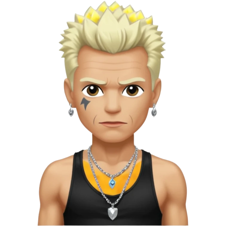 Billy Idol with platinum blonde hair, black sequin baggy pants, shirtless with necklace emoji