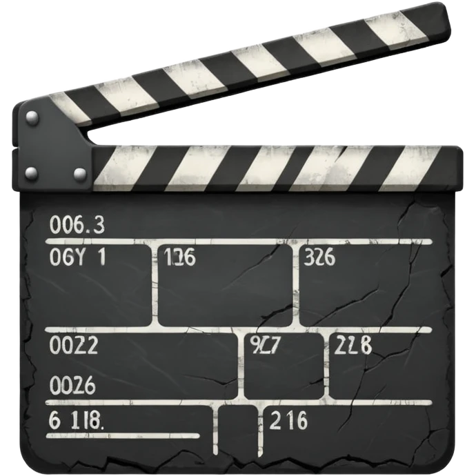 Minimalist emoji-style sticker of a cracked movie clapperboard with the date “06/06/66”, faint scorched marks, all in grayscale


 emoji