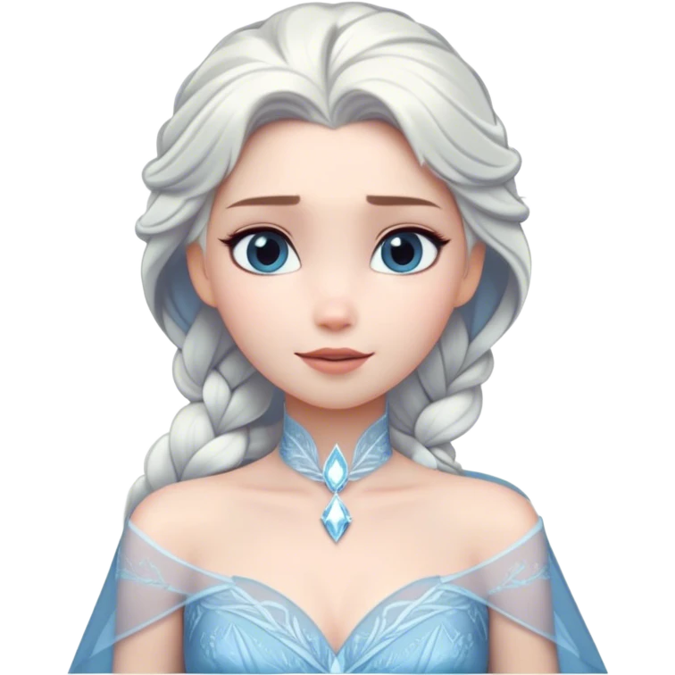 Cinematic Timeless Snow Queen Portrait Emoji, rendered in a clean, vector style. Depict Elsa with icy pale skin, intricately styled platinum hair, and a serene, regal expression, dressed in a minimalist ice-blue gown. The design features bold, simplified shapes, a soft, drowsy crystalline glow, and a subtle glowing outline, capturing the essence of timeless, majestic winter beauty. emoji