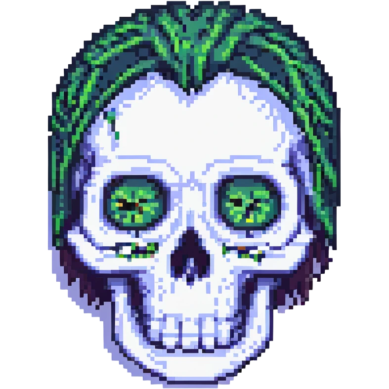 pixel art style skull with emo hair and sad eyes emoji