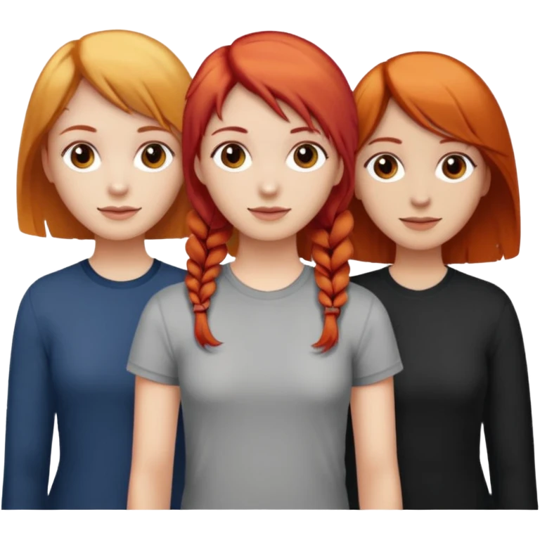 Can you create an image of 3 friends together one with red bright hair light skin one the other with brown hair with some blonde highlights in the hair fair skin the last one with light brown a tint of orange hair and Brown hair emoji