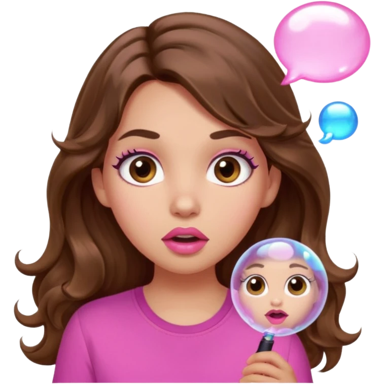 girl with long wavy brown hair, brown eyes, light to medium complexion, in a pink shirt, pink lips, long lashes, surprised, wow bubble emoji