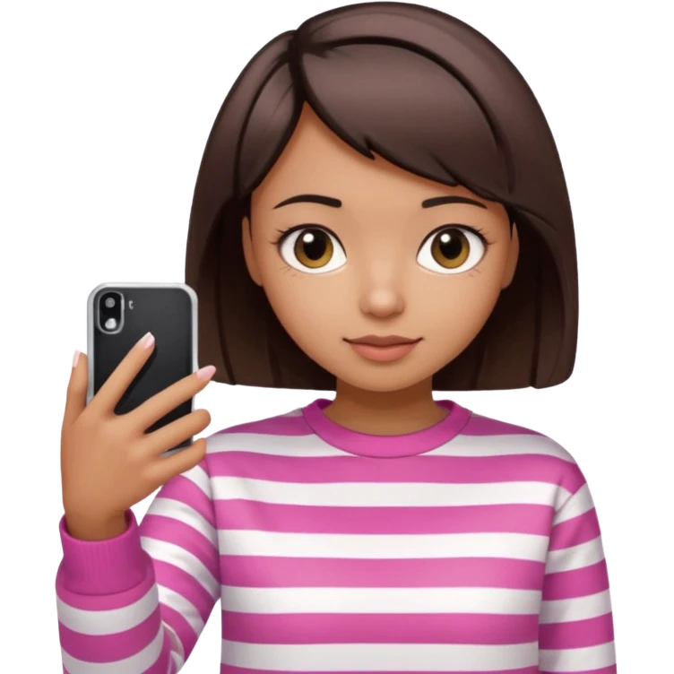 Emoji of a cute 3D girl with short dark brown bob hairstyle, wearing a pink and white striped sweatshirt. She is holding a phone and taking a selfie, white background.

 emoji