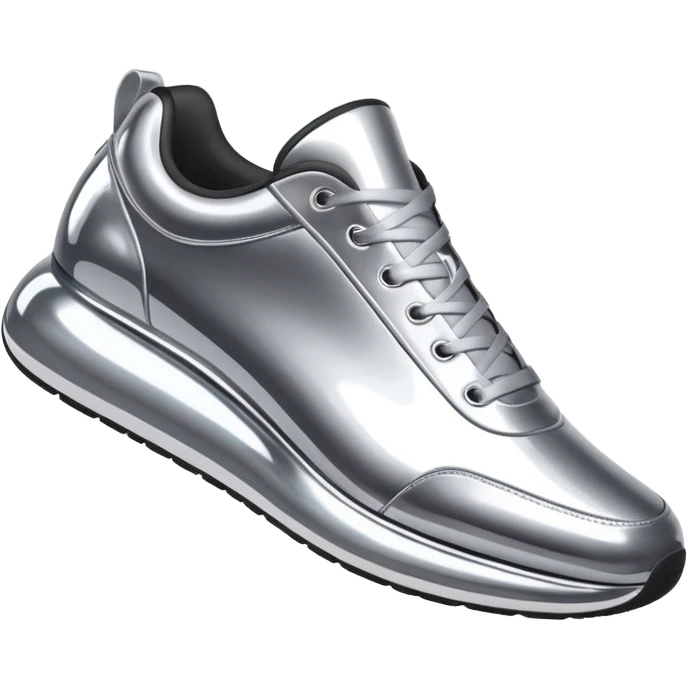 A pair of futuristic sneakers emoji made of silver chrome, sleek streetwear design, smooth metallic panels, subtle reflections, luxury swag aesthetic, iOS emoji style, centered, clean white background emoji