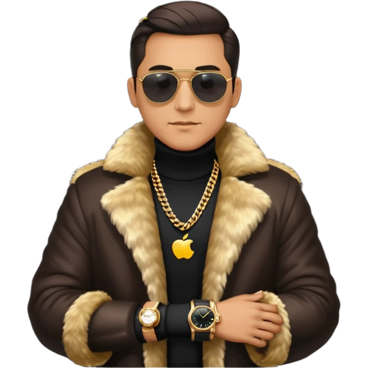 bearded man with slicked back hair, wearing dark sunglasses, a luxurious fur coat over a black turtleneck, gold chains and a watch, minimalist flat design, glossy Apple emoji style, simple facial features, centered full-body icon on white background emoji
