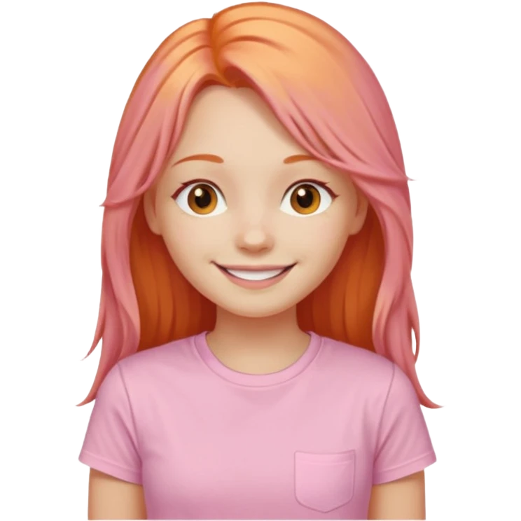 The girl with long orange hair is very happy. Make the girl similar with the reference picture. Change her sweat. Make it pastel pink t-shirt. emoji