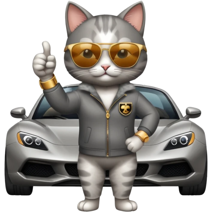 cat wearing sunglasses and a watch giving a thumbs up next to a fancy car emoji