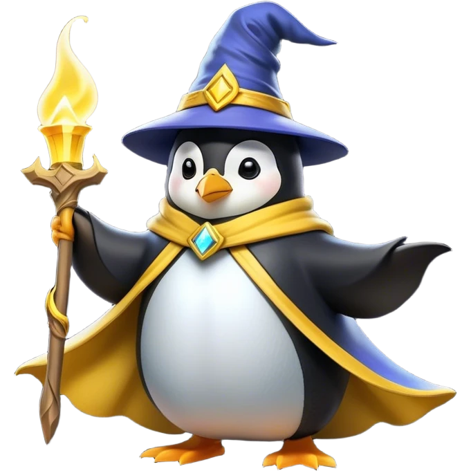 A wizard penguin with a yellow hat and a long, flowing cape. The penguin is floating slightly above the ground, surrounded by swirling magical energy and glowing runes in the airyellow wizard hat emoji