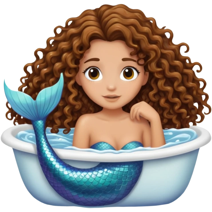 Brunette tan curly hair mermaid in bathtub emoji