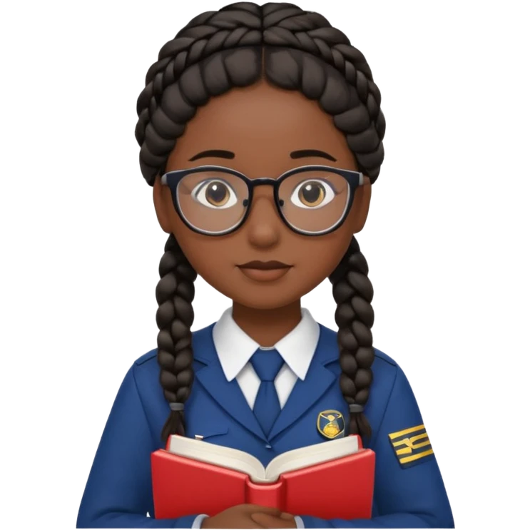 Girl student wearing uniform, glasses, hold book in front of their chest, black braided hair, dark skin emoji