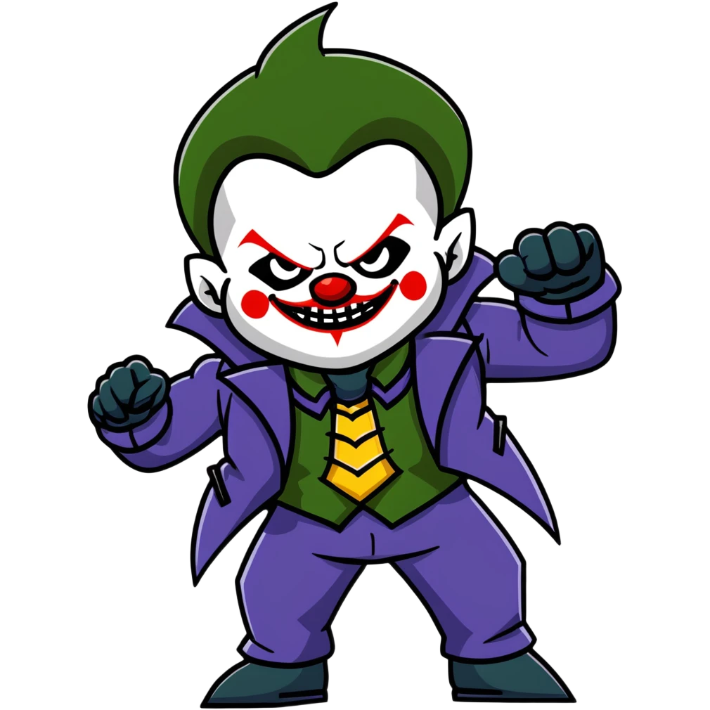 evil clown warrior, bald, small black horns on forehead, fangs, pointed ears, eye patch over one eye, long coat over black and military green leisure suit with bellbottom pants, realistically proportioned, less bulky, full body visible, battle-ready fighting posture emoji