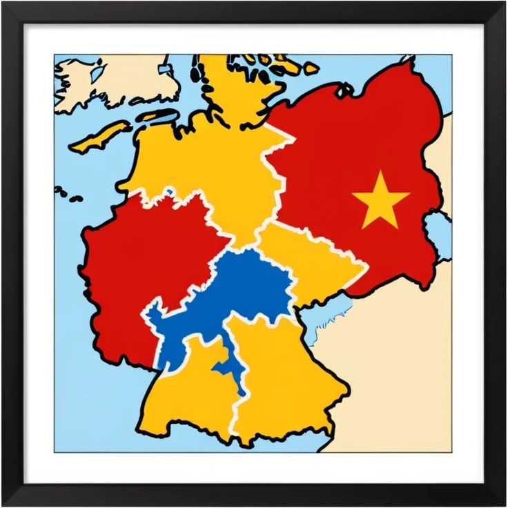 Germania divisa con mandiera in US sud-ovest, UK nord-ovest (Amburgo, Colonia), URSS est (Berlino Est, Dresda), France sud-ovest (Stoccarda, Friburgo) emoji