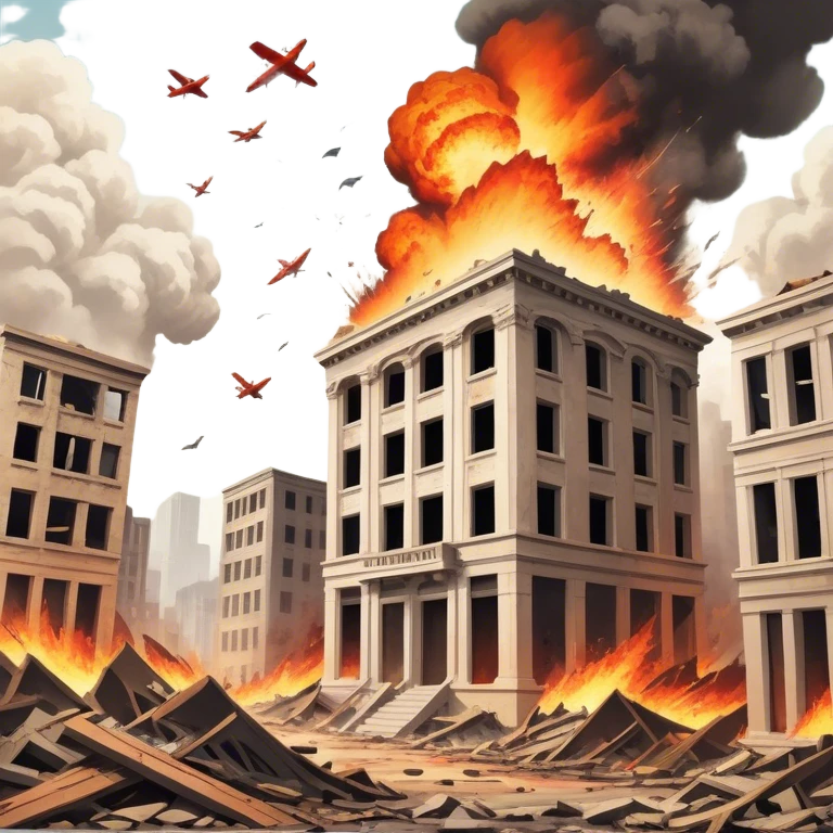 A vintage movie poster-style design with a dramatic scene of a natural disaster like an earthquake, tornado, or tsunami. Include crumbling buildings, flying debris, and fiery explosions. The background should be chaotic, with a cinematic, apocalyptic vibe. Transparent background. emoji