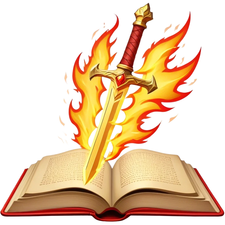 A fiery red book with golden details, a textured, leather-like cover, a flaming sword, or a lightning bolt, radiating power, resilience, and the fire of transformation-- the inner strength book emoji