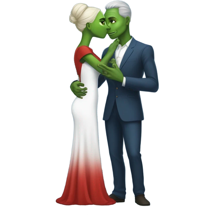 Beatiful tall green skin female reptilian in red dress, kissing white man in blue dress, full figure, full body emoji