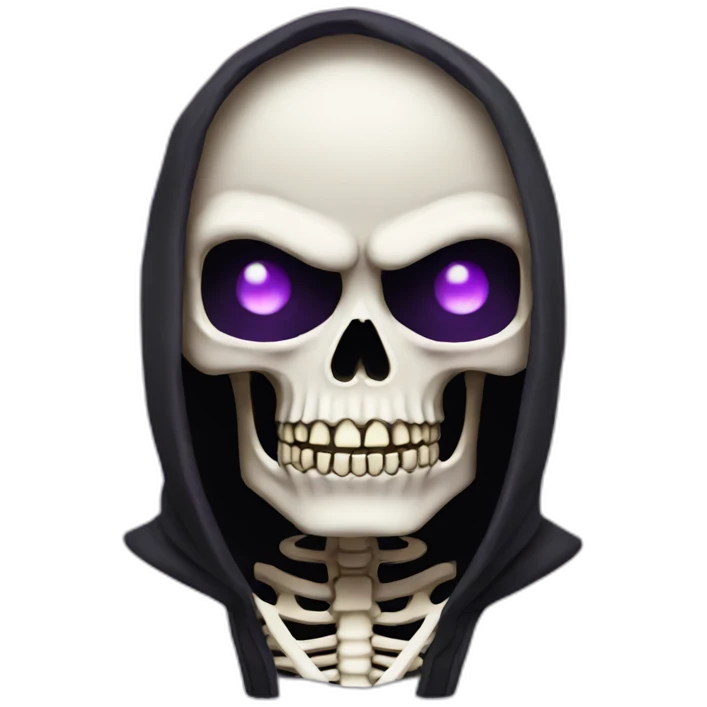 A skeleton in a black hood, purple eyes, angry emoji