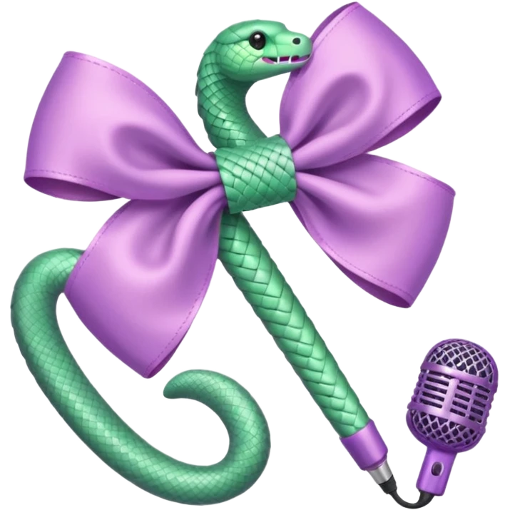 A pastel pink bow with a pastel green snake on the top of one side and a pastel purple microphone on the bottom of the other side emoji