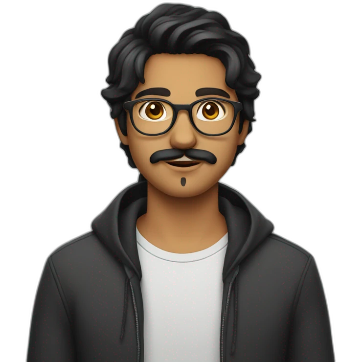 Indian teenager, with moustache and a goatee, with long wavy black hair, wearing glasses emoji